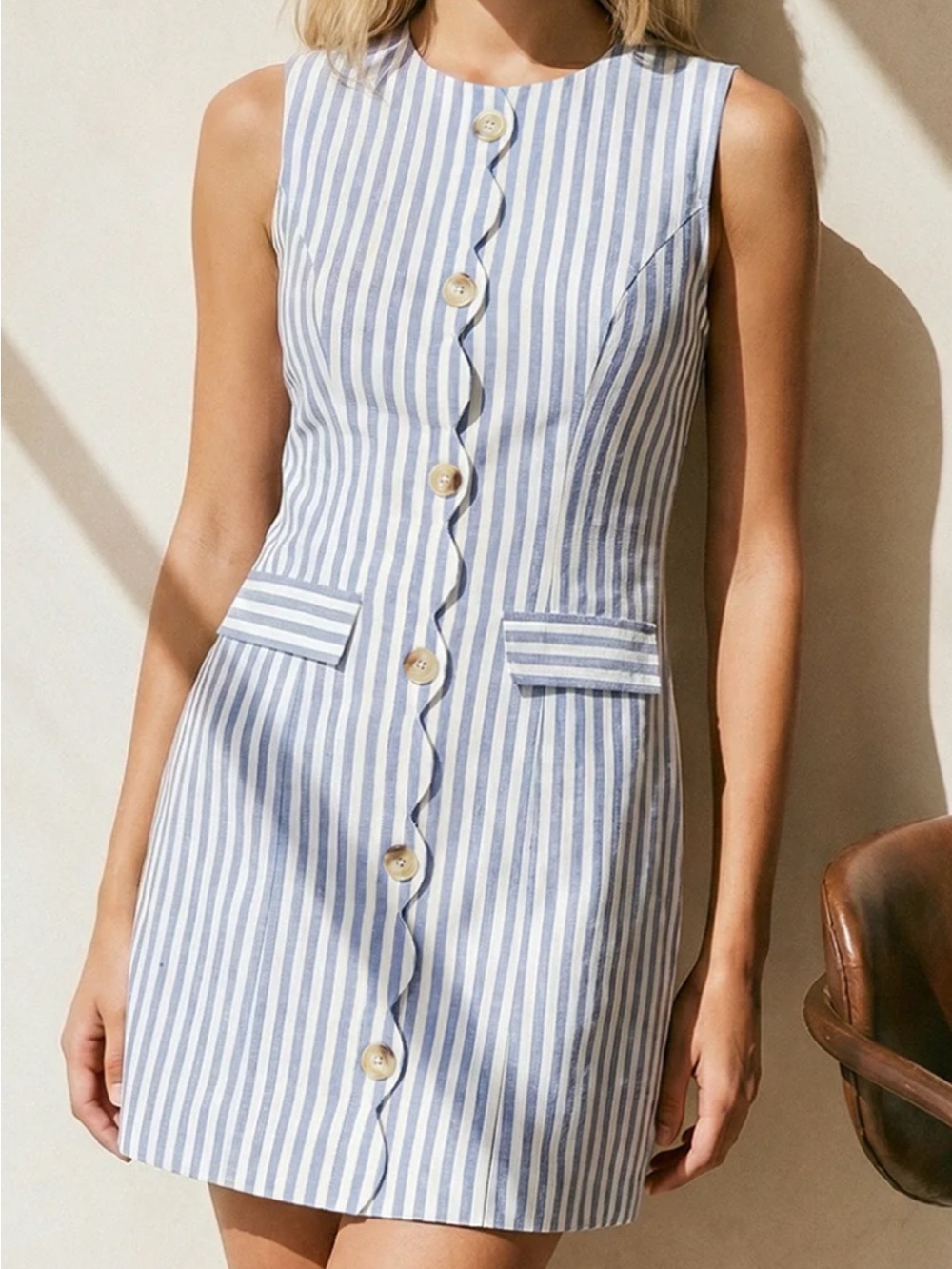 NWOT Commense Scallop Front Sleeveless Blue & White Striped Button-Front Dress